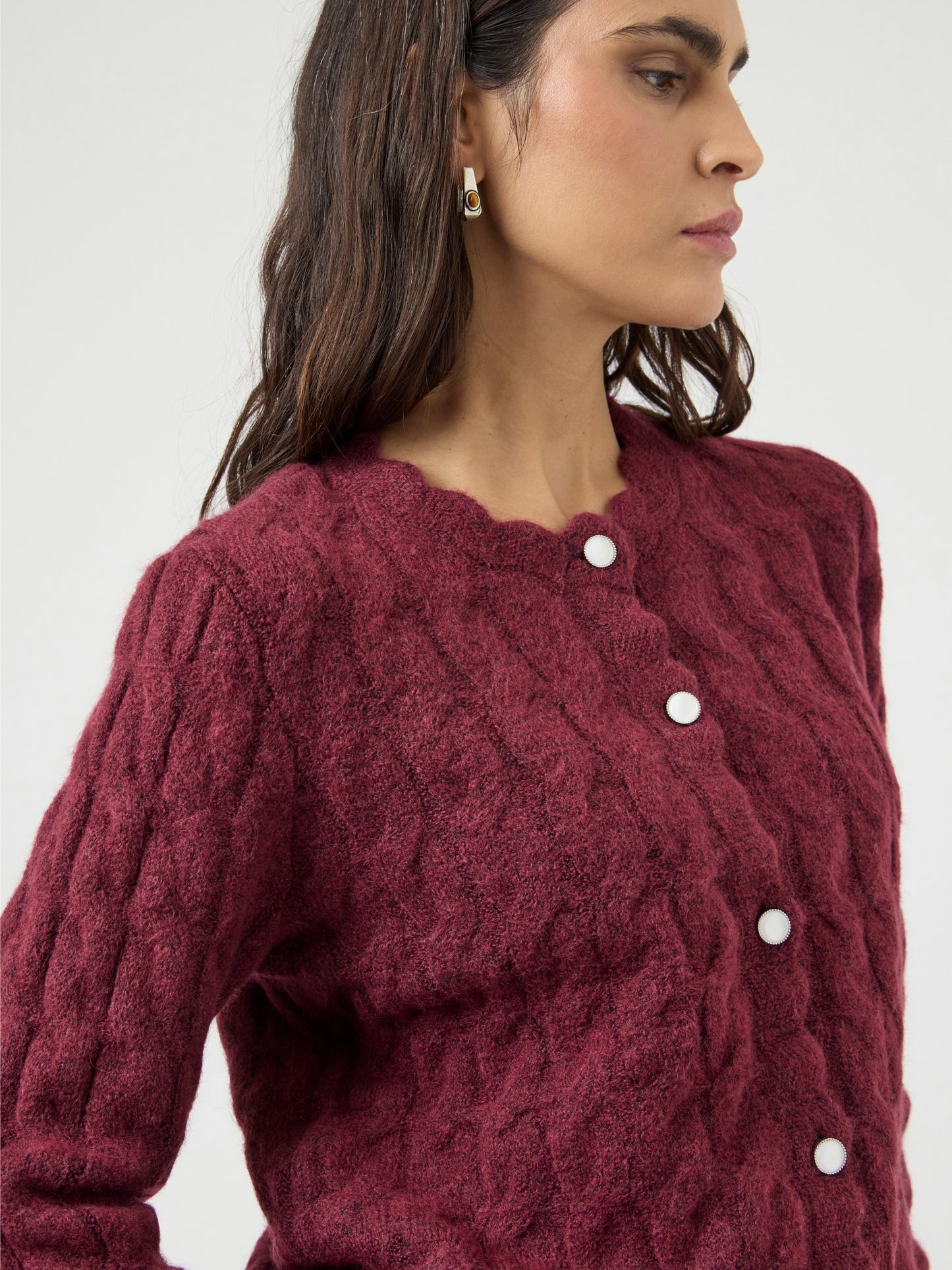 YAS BUBBLE LS KNIT CARDIGAN | BURGUNDY