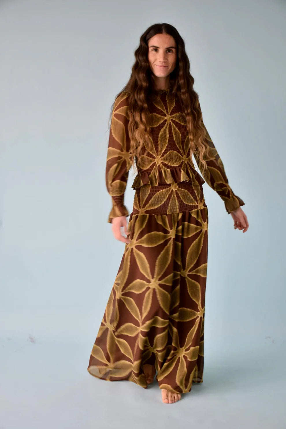 MIND TRAVELER SMOCK TOP MET BRUIN/GROENE BLOEMENPRINT