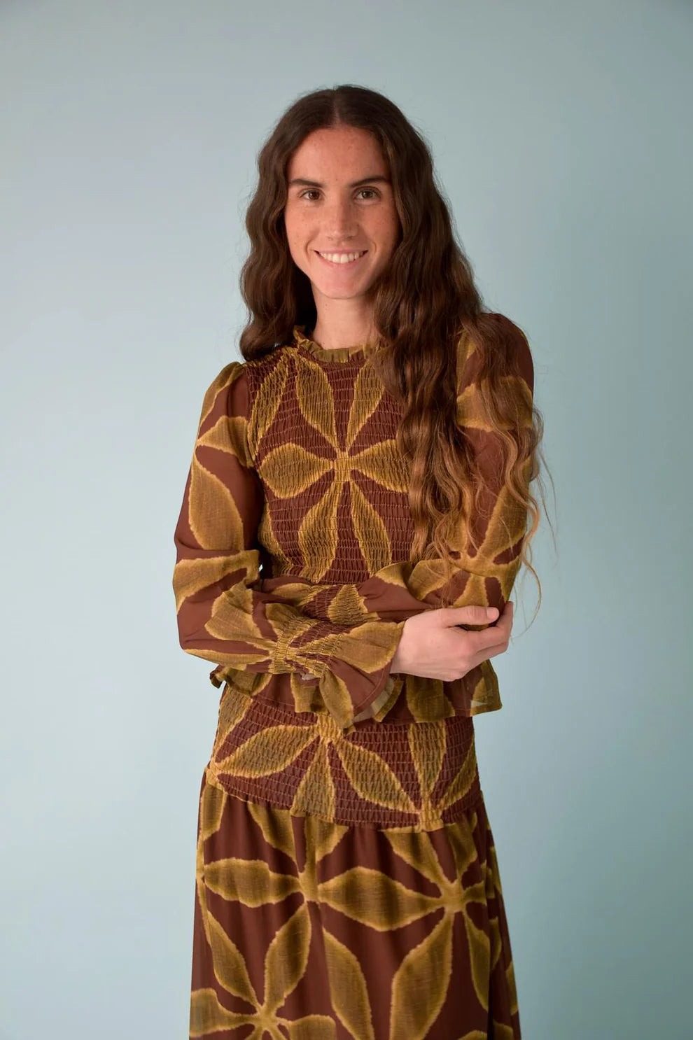 MIND TRAVELER SMOCK TOP MET BRUIN/GROENE BLOEMENPRINT