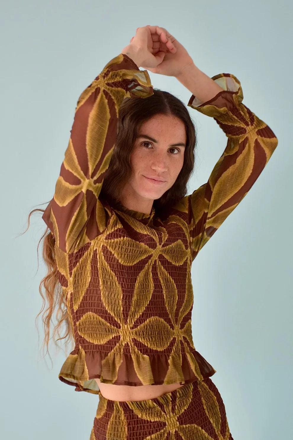 MIND TRAVELER SMOCK TOP MET BRUIN/GROENE BLOEMENPRINT