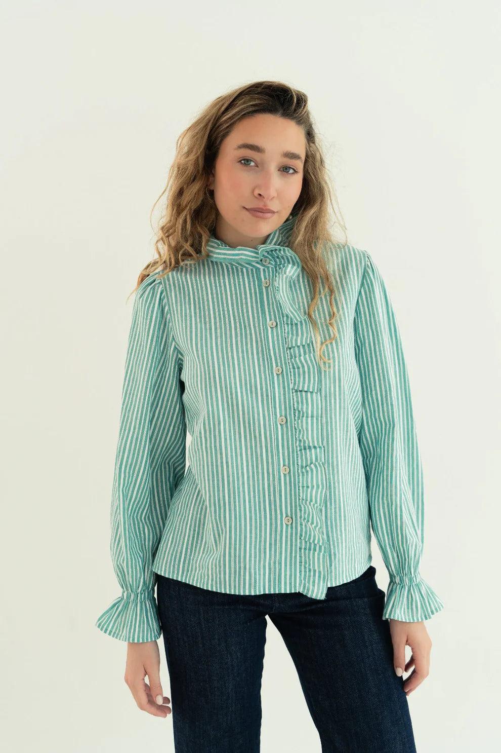MINDTRAVELER GESTREEPTE BLOUSE GROEN/WIT