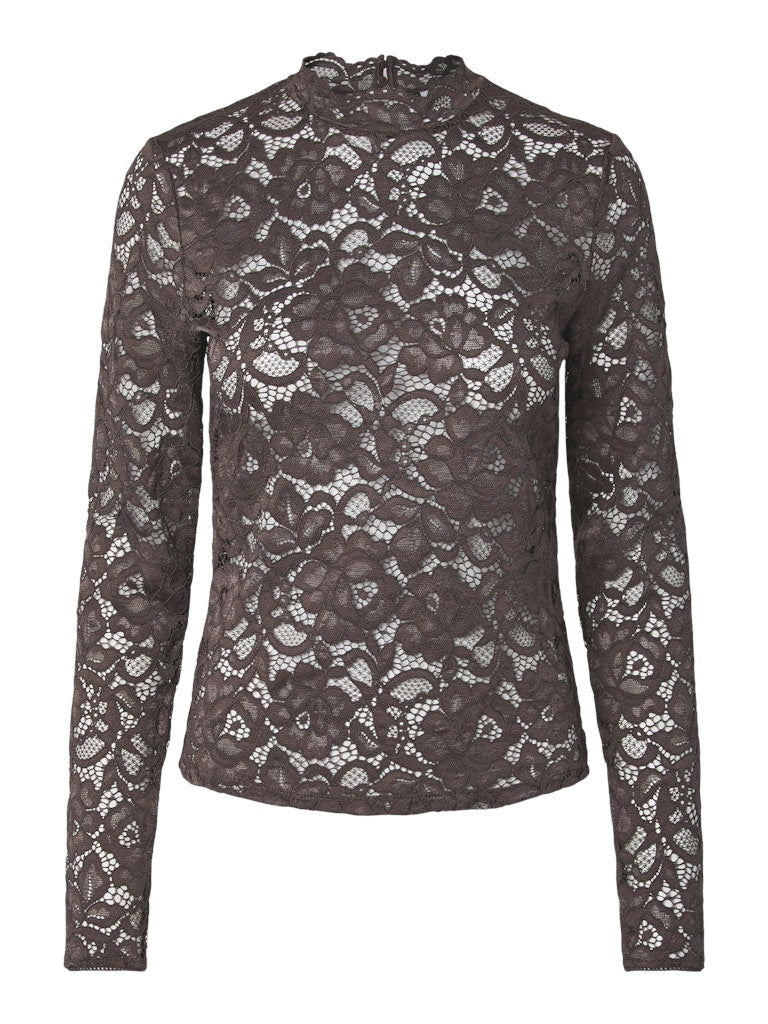 YAS LACEY LS LACE TOP | CHOCOLATE BROWN