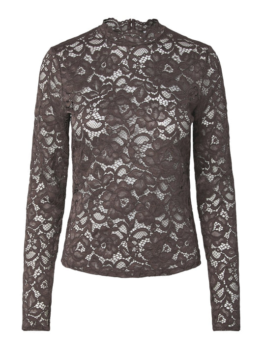 YAS LACEY LS LACE TOP | CHOCOLATE BROWN