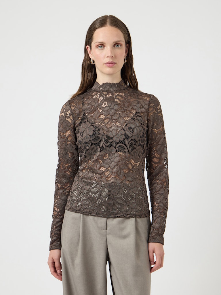 YAS LACEY LS LACE TOP | CHOCOLATE BROWN