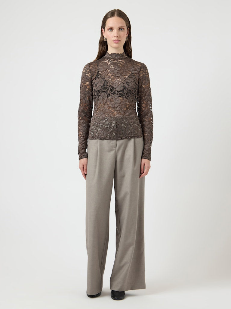 YAS LACEY LS LACE TOP | CHOCOLATE BROWN