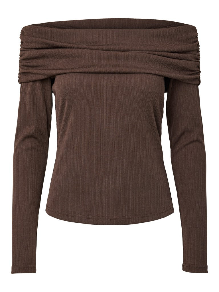 YAS LIVO LS OFF SHOULDER TOP | CHOCOLATE BROWN