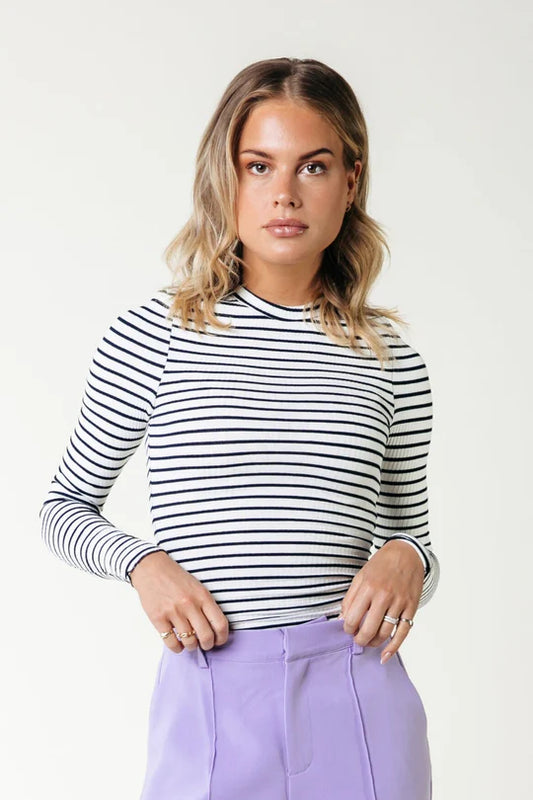 COLOURFUL REBEL JESSIE STRIPE RIB LONG SLEEVE TOP | WIT/D0NKERBLAUW